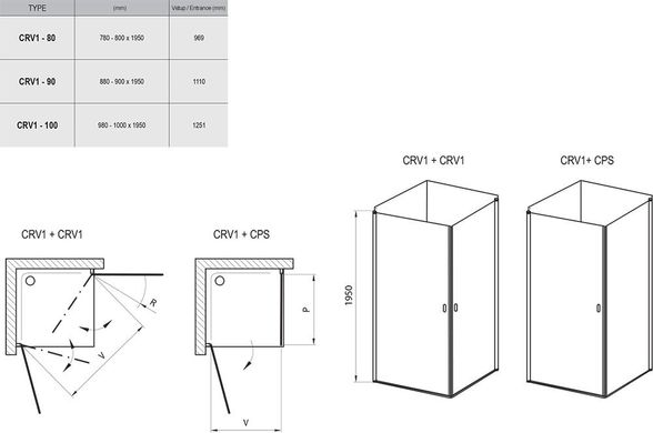 Елемент душової кабіни Ravak Chrome CRV1- 100 Білий Transparent