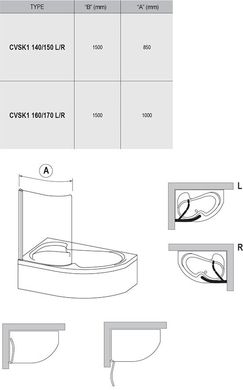 Шторка для ванны Ravak CVSK1 ROSA 140/150 L Белый Transparent