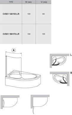 Шторка для ванны Ravak CVSK1 ROSA 160/170 L Белый Transparent