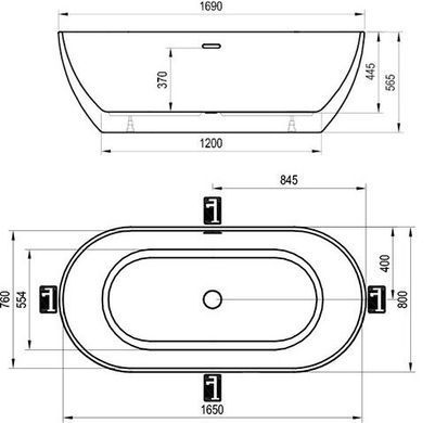 Ванна Ravak FREEDOM O 1690x800 отдельностоящая, крышка перелива и слива: черная XC00100032