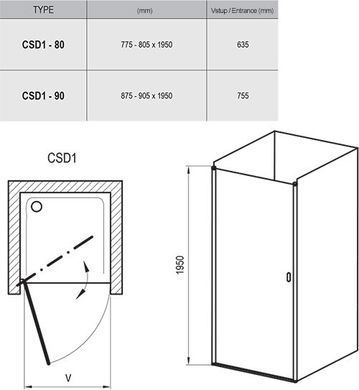 Душевые двери Ravak Chrome CSD1- 90 Полір.алюм Transparent